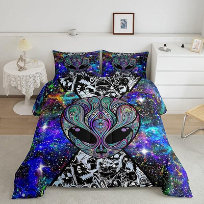 Feelyou Alien Printed Comforter Kids Galaxy Outer Space Themed Bedding Set Boys Girls Trippy Alien Hippie Skull Decor Comforter Set Colorful Tie Dye Quilted Duvet Bedroom Bed Set Full Size…