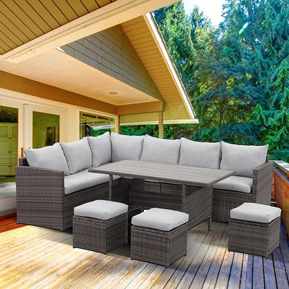 Solaste 7 Piece Patio Furniture Set, All Weather Wicker Patio Conversation Sets with Cushion Seat & Pillows, Outdoor Dining Set, Patio Furniture Outdoor Sectional, Grey