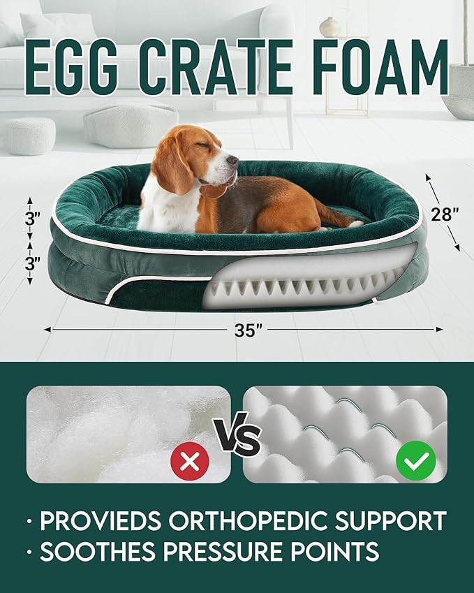OhGeni Orthopedic Dog Bed Couch for Large Sized Pets with Egg Foam Support, Four-Sided Bolster Cushions, Soft Tear-Resistant Fabric, and Removable Machine Washable Plush Cover 35-Inch (Dark Green)