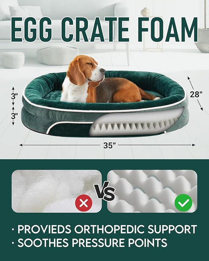 OhGeni Orthopedic Dog Bed Couch for Large Sized Pets with Egg Foam Support, Four-Sided Bolster Cushions, Soft Tear-Resistant Fabric, and Removable Machine Washable Plush Cover 35-Inch (Dark Green)