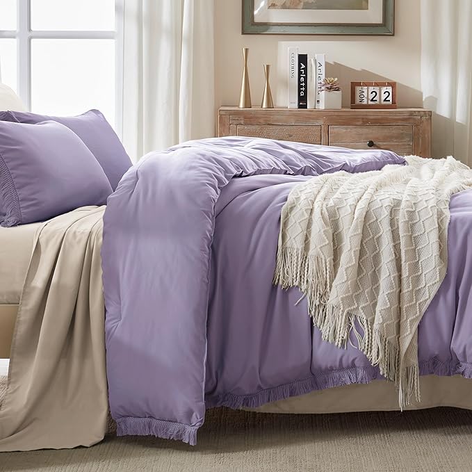 Andency Grayish Lavender Purple Comforter Set Queen, Boho Tassel Lightweight Bedding Comforter Sets, 3 Pieces All Season Soft Fluffy Fringe Bed Set (90x90In Comforter & 2 Pillowcases)
