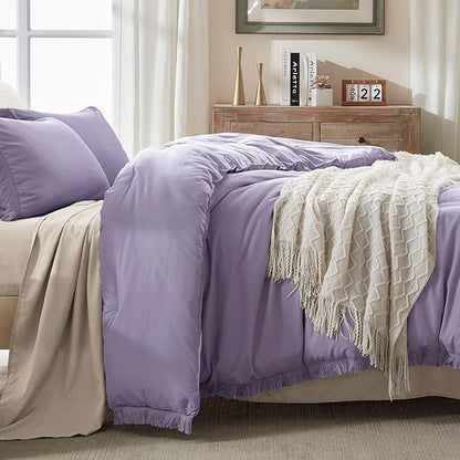 Andency Grayish Lavender Purple Comforter Set Queen, Boho Tassel Lightweight Bedding Comforter Sets, 3 Pieces All Season Soft Fluffy Fringe Bed Set (90x90In Comforter & 2 Pillowcases)