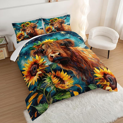 HOSIMA Highland Cow Comforter Set,Western Farmhouse Animals Cow and Sunflower Print Bedding Set 3Pcs with 2 Pillowcases,Galaxy Star Moon King Size Comforter Set,Floral Wild Animal Room Decor.