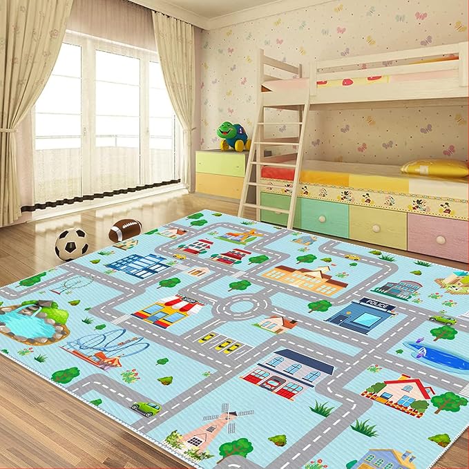Kids Car Rug, 6x9 City Life Traffic Road Playmat for Toy Cars Trains, Non-Slip Race Track Carpet Educational Fun Area Rugs for Boy and Girl Bedroom Nursery
