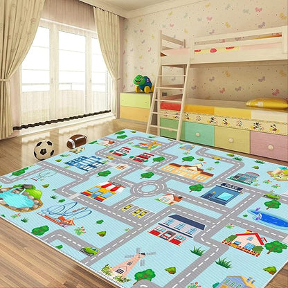 Kids Car Rug, 6x9 City Life Traffic Road Playmat for Toy Cars Trains, Non-Slip Race Track Carpet Educational Fun Area Rugs for Boy and Girl Bedroom Nursery