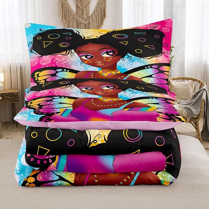 Tailor Shop Fantasy Black Girl Comforter Set Rainbow Butterfly Queen Size Bedding Sets for Girls Kids Kawaii Magic African American Black Girl Bedding Set with 2 Pillowcase Girls Room Decor