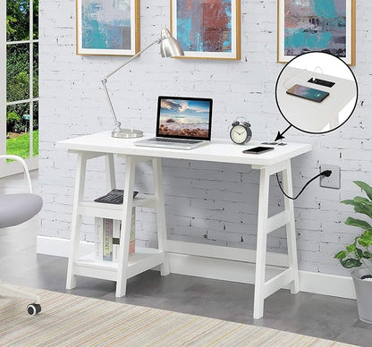 Convenience Concepts Designs2Go Trestle Desk with Charging Station and Shelves, White