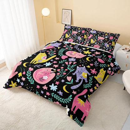 Floral Cat Comforter Queen Size,Black Cats Comforter Set for Kids Teens Girls,3Pcs Bedding Set Printed Comforter with 2 Pillowcases,Down Alternative,Soft and Lightweight(Black，Queen Size)
