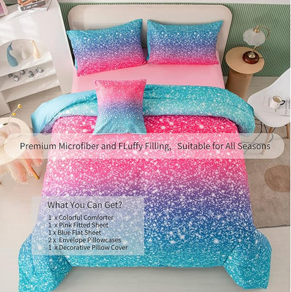 RYNGHIPY 6Pcs Gradient Glitter Bedding Set for Girls Twin Size, Colorful Rainbow All-Season Comforter Set, Ultra Soft Bedding Collections