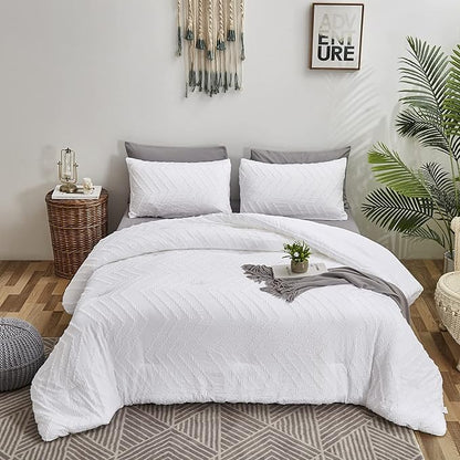 Wellboo White Tufted Jacquard Boho Comforter Set Queen Size White Bedding Set Shabby Chic All Season Bed Quilt Women Men White Farmhouse Embroidery Blanket Soft Adult Broken Line Wave Geometry Bed