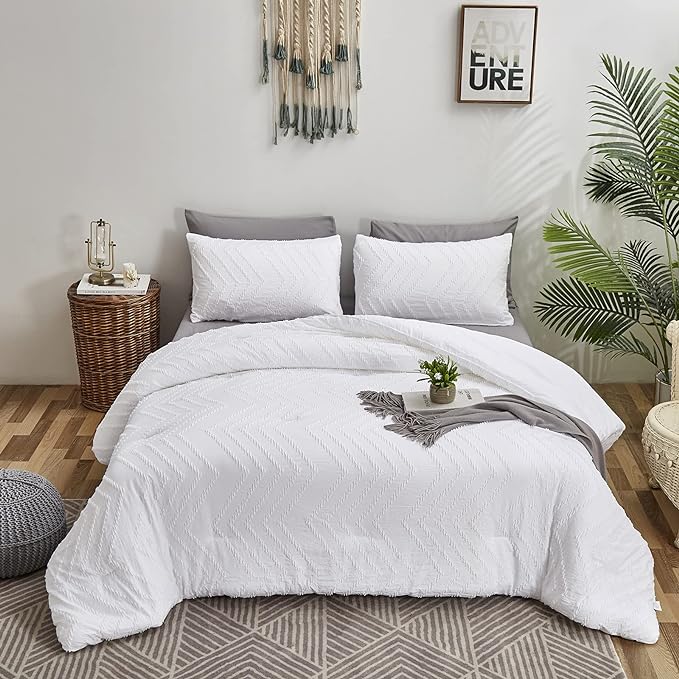 Wellboo White Tufted Jacquard Boho Comforter Set King Size White Bedding Set Shabby Chic All Season Bed Quilt Women Men White Farmhouse Embroidery Blanket Soft Adult Broken Line Wave Geometry Bed