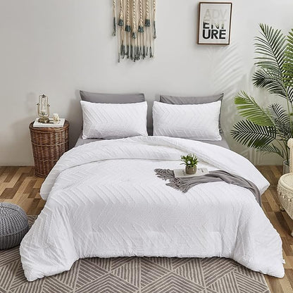 Wellboo White Tufted Jacquard Boho Comforter Set King Size White Bedding Set Shabby Chic All Season Bed Quilt Women Men White Farmhouse Embroidery Blanket Soft Adult Broken Line Wave Geometry Bed