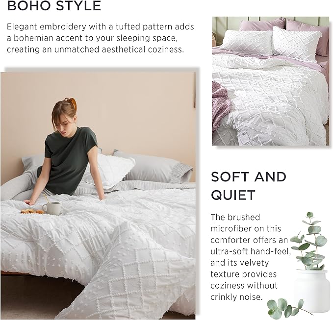 Bedsure Queen Comforter Set - Grayish Blue Comforter, Boho Tufted Shabby Chic Bedding Comforter Set, 3 Pieces Vintage Farmhouse Bed Set for All Seasons, Fluffy Soft Bedding Set with 2 Pillow Shams