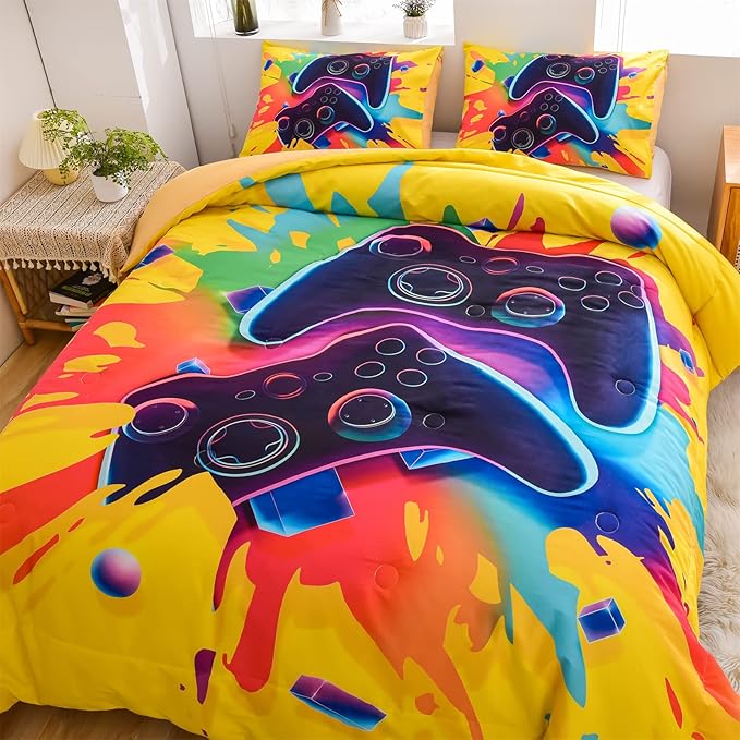Aimuan Gamer Gaming Bedding Sets 3D Gamepad Comforter Sets for Boys Games Console Action Buttons Novelty Colorful Game Controller Modern Room Decor Home Quilt Set (Full, Yellow)