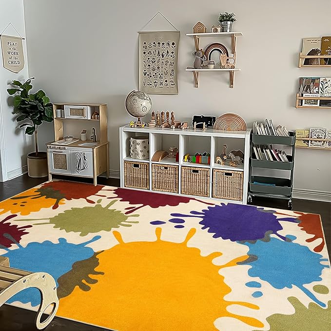 Large Area Rug for Living Room, 8'x10' Rainbow Kids Rug for Classroom, Colorful Art Washable Rug for Bedroom, Non-Slip Ink Splotch Nursery Rug Soft Modern Living Room Carpet for Dorm School