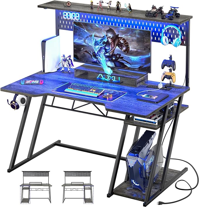 armocity Gaming Computer Desk with Storage Shelves & Z-Shaped Legs, Gaming Desk with Hutch and LED Lights, Reversible PC Gaming Desk with Pegboard for Bedroom & Small Spaces, 47'', Grey Oak