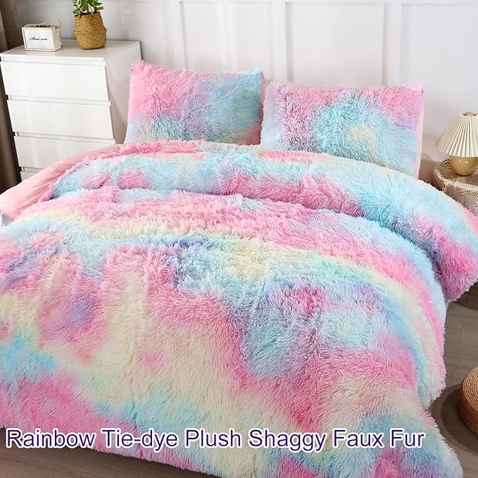 WINLIFE Shaggy Faux Fur Comforter Set Flannel Fuzzy Bedding Set Long Hair Fluffy Plush Comforter Sets Gradient Ombre Tie Dye MultiColor Bedding for Girls Women (3Pcs, Queen, Rainbow)