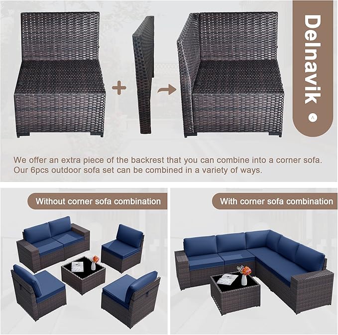 Patio Furniture Set Sofa 6pcs Wicker Sectional Sofa Set, Outdoor Furniture Rattan Patio Conversation Set with Thickened Cushions and Glass Coffee Table, Dark Blue
