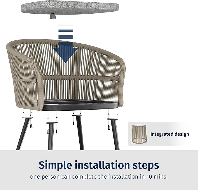 EAST OAK 3-Piece Patio Bistro Set, Patio Conversation Bistro Set with 2 Wide Ergonomic Chairs, Cushions & Glass Top Side Table, Outdoor All-Weather Wicker Furniture for Porch, Backyard, Brown & Grey