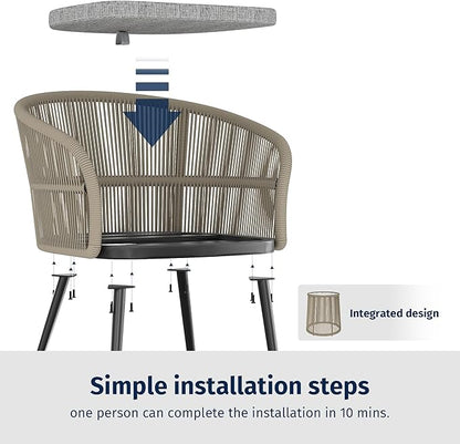 EAST OAK 3-Piece Patio Bistro Set, Patio Conversation Bistro Set with 2 Wide Ergonomic Chairs, Cushions & Glass Top Side Table, Outdoor All-Weather Wicker Furniture for Porch, Backyard, Brown & Grey