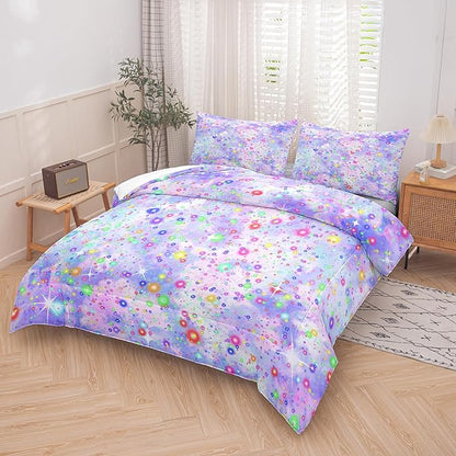 Girls Queen Comforter Set, Purple Blue Tie Dye Comforter, Colorful Glitter Comforter Set, Girls Bedding Sets for Kids Teens (3 Pieces, 1 Comforter + 2 Pillowcases)