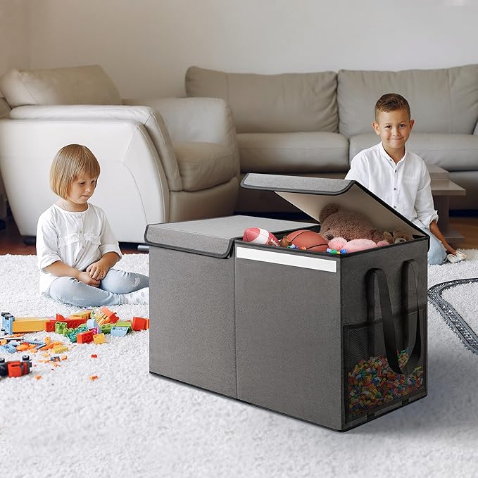 Large Toy Box for Boys Girls Toy Chest Kids Toy Storage Organizer Collapsible Toy Storage Bin Basket with Two Mesh Pockets for Nursery Playroom Bedroom Living Room Organization