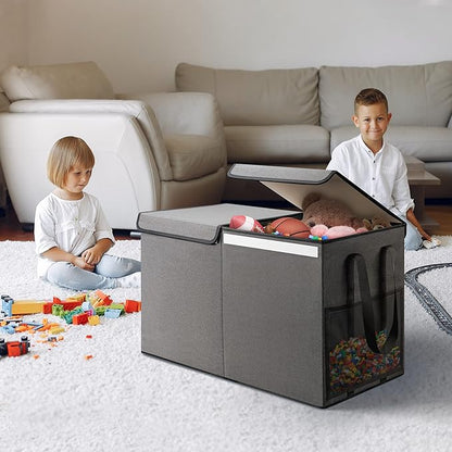 Large Toy Box for Boys Girls Toy Chest Kids Toy Storage Organizer Collapsible Toy Storage Bin Basket with Two Mesh Pockets for Nursery Playroom Bedroom Living Room Organization
