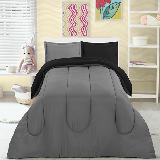 Utopia Bedding All Season Reversible Black and Grey Comforter Set with 2 Pillow Cases, 3 Piece Soft Brushed Microfiber Kids Bedding Set for Boys/Girls, Machine Washable (Twin)