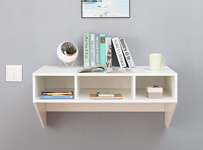 Wall Mounted Office Computer Desk with Three Compartments, White