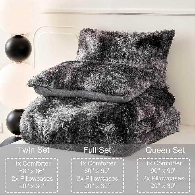 WINLIFE Shaggy Comforter Set Twin Grey for Boys Teens Faux Fur Bedding Sets Flannel Furry Comforter Plush Comforter Sets Gradient Ombre Tie Dye Bed Sets (3Pcs, Twin, Dark Grey)