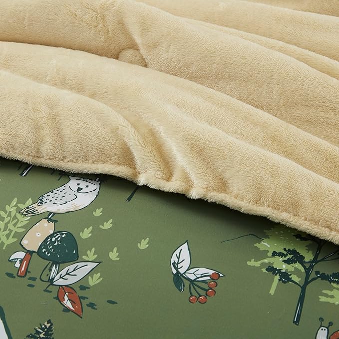 Mi Zone Kids Twin Comforter Set, Reversible Plush Kids Comforter Set, Cozy Plush Reverse Bedding, Winter Fluffy Comforter Bed Set, 1 Sham, Enchanting Forest Animals, Heath, Twin, Sage Green 2 Piece