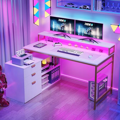 YITAHOME L Shaped Desk with Drawers, 55" Corner Computer Desk with Power Outlets & LED Lights, Large L-Shaped Office Desk with File Cabinet, White & Gold
