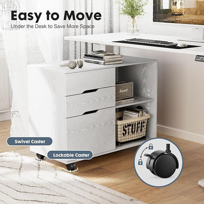 DUMOS Lateral File Cabinet with 3 Drawers Rolling Wooden Printer Stand Under Desk Storage Organizer with 4 Wheels Adjustable Shelf for Office Home, White