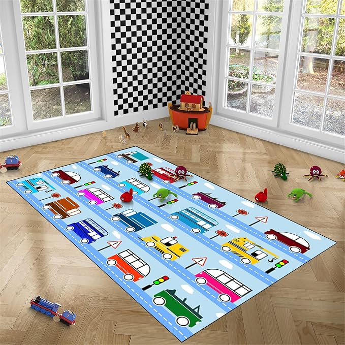 Car Rug Car Play Mat Kids Rugs for Playroom Car Rug Play Mat Rugs for Boys Bedroom Car Carpet for Kids Play Rug for Cars and Trucks Car Rug for Boys Room,Light Blue 4'×5'
