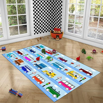 Car Rug Car Play Mat Kids Rugs for Playroom Car Rug Play Mat Rugs for Boys Bedroom Car Carpet for Kids Play Rug for Cars and Trucks Car Rug for Boys Room,Light Blue 4'5''×6'