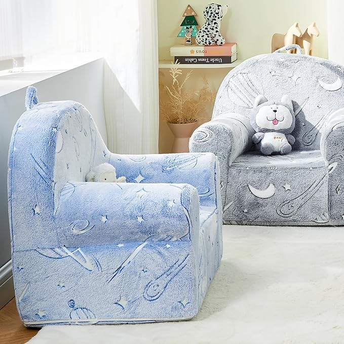 Toddler Chair Kids Plush Chair Sherpa Kids Chairs, Toddler Couch Bean Bag Chairs for Kids Gaming Chair for Kids Glow in The Dark,Starry Sky Blue