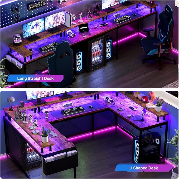 U Shaped Computer Gaming Desk, Reversible L Shaped Desk with Power Outlets, LED Strip & Monitor Stand, Large Corner Desk with Storage Shelves for Home Office, Rustic Brown