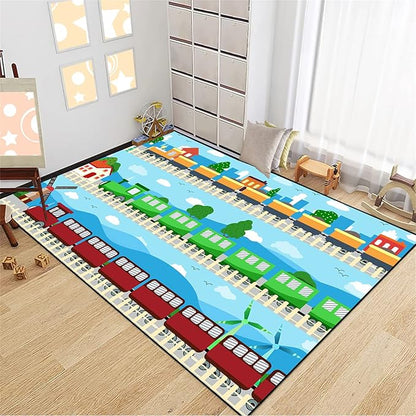 Train Rug Car Rug Play Mat Truck Rugs for Boys Room Kids Car Rug Truck Car Rug Car Carpet for Kids Kids Rugs for Playroom Car Rug for Boys Room,Light Blue 3'×5'