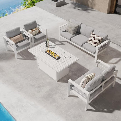 Wisteria Lane Aluminum Patio Furniture Set, 5 Piece Metal Outdoor Furniture Set with CSA Certified 54in Propane Gas Fire Pit Table, Patio Conversation Set with 5in Olefin Cover Cushions (White)