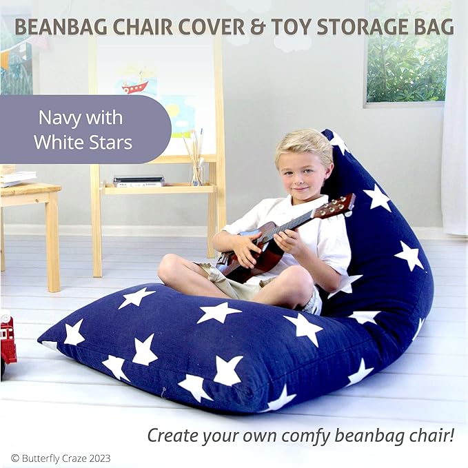 Butterfly Craze Bean Bag Chair Cover, Functional Toddler Toy Organizer, Fill with Stuffed Animals to Create a Jumbo, Comfy Floor Lounger for Boys or Girls, Stuffing Not Included, Navy Stars