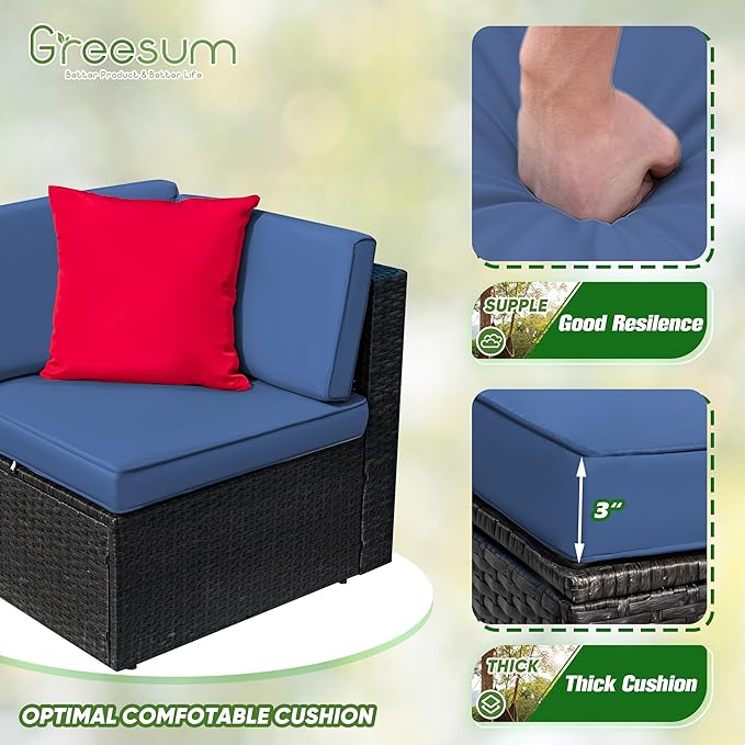 Greesum 3 Piece Patio Conversation Set Wicker Rattan Furniture Outdoor Sofa with Cushions,Pillows & Glass Table for Porch,Lawn and Yard, Dark Blue