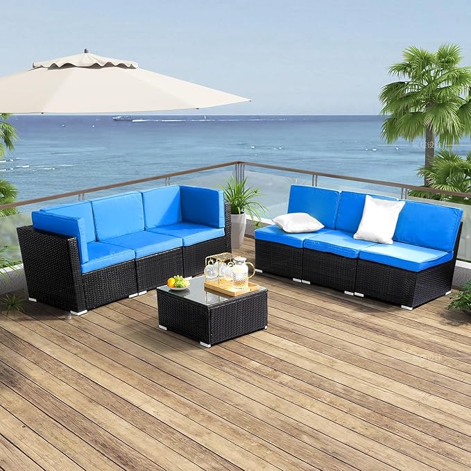 Outvita OutdoorRattan Conversation Set, 7 Pieces PE Rattan Sofa Wicker Patio Furniture Sets with Waterproof Soft Cushion for Backyard Porch Garden Poolside (Black & Blue)