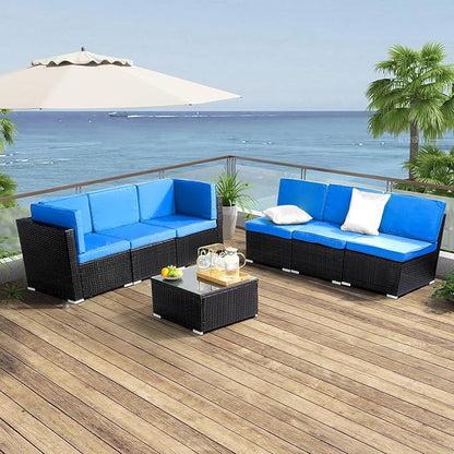 Outvita OutdoorRattan Conversation Set, 7 Pieces PE Rattan Sofa Wicker Patio Furniture Sets with Waterproof Soft Cushion for Backyard Porch Garden Poolside (Black & Blue)