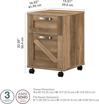 Bush Furniture Knoxville 2 Drawer Mobile File Cabinet, Rolling Document Storage for Home Office, Reclaimed Pine