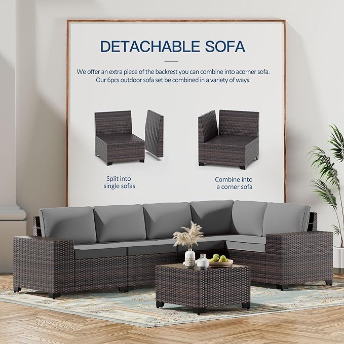 Kullavik 7 PCS Outdoor Patio Furniture Set with 43" 55000BTU Gas Propane Fire Pit Table PE Wicker Rattan Sectional Sofa Patio Conversation Sets for Outdoor,Grey