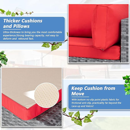 Shintenchi 5 Pieces Outdoor Patio Sectional Sofa Couch, Silver Gray PE Wicker Furniture Conversation Sets with Washable Cushions & Glass Coffee Table for Garden, Poolside, Backyard (Red)