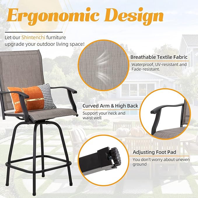 Shintenchi 4 Piece Outdoor Swivel Bar Stools, Patio Height Top Bar Stools Chairs Set of 4, All-Weather Textile Patio Bistro Bar high Chairs Set with High Back, Armrest for Lawn, Garden, Deck