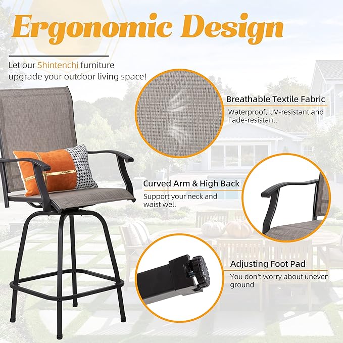 Shintenchi 2 Piece Patio Swivel Bar Stools, Outdoor Height Bar Patio Stools& Bar Chairs Set of 2 with High Back, All-Weather Textile Outdoor High Top Bistro Chairs for Yard,Balcony,Deck