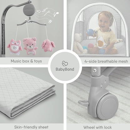 BabyBond Baby Bassinet Bedside Crib, Pack and Play with Sheet, Diaper Changing Table and Music Mobile from Newborn to Toddles, Portable Large Playard