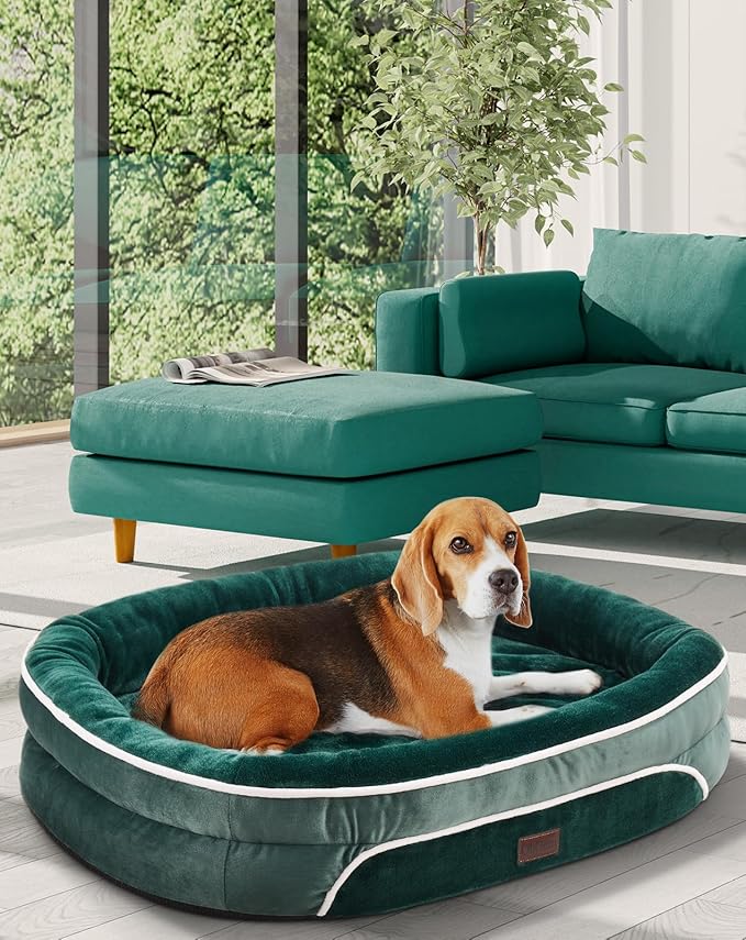 OhGeni Orthopedic Dog Bed Couch for Large Sized Pets with Egg Foam Support, Four-Sided Bolster Cushions, Soft Tear-Resistant Fabric, and Removable Machine Washable Plush Cover 35-Inch (Dark Green)